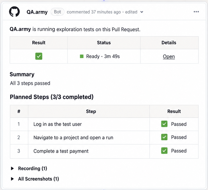 GitHub pull-request comment from QA.army showing three completed test steps with recording and screenshot evidence.
